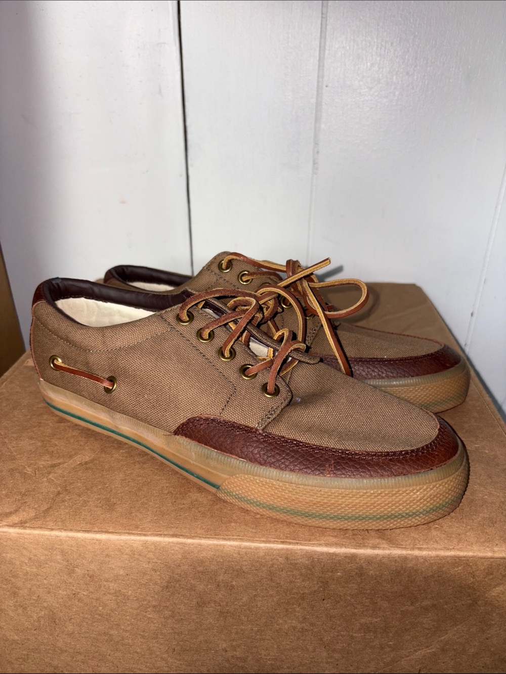Ralph Lauren Men's Brown Canvas and Leather Boat Shoes size 7